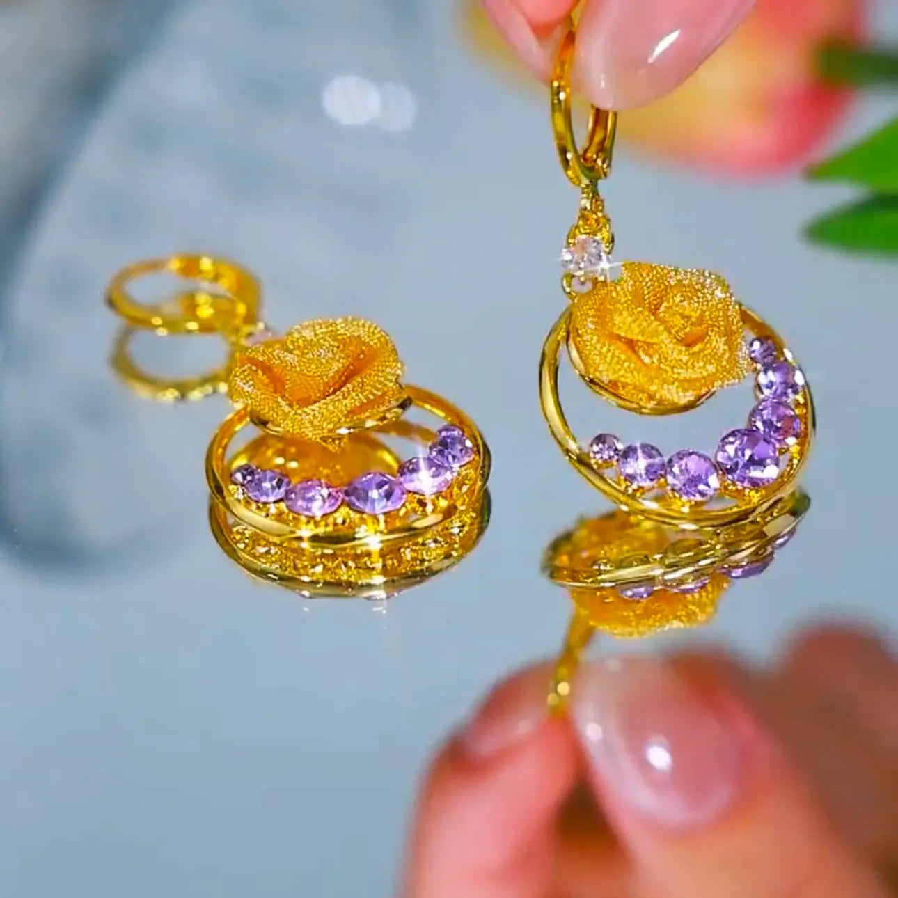 Purple zirconia flower earrings(24k gold plated)