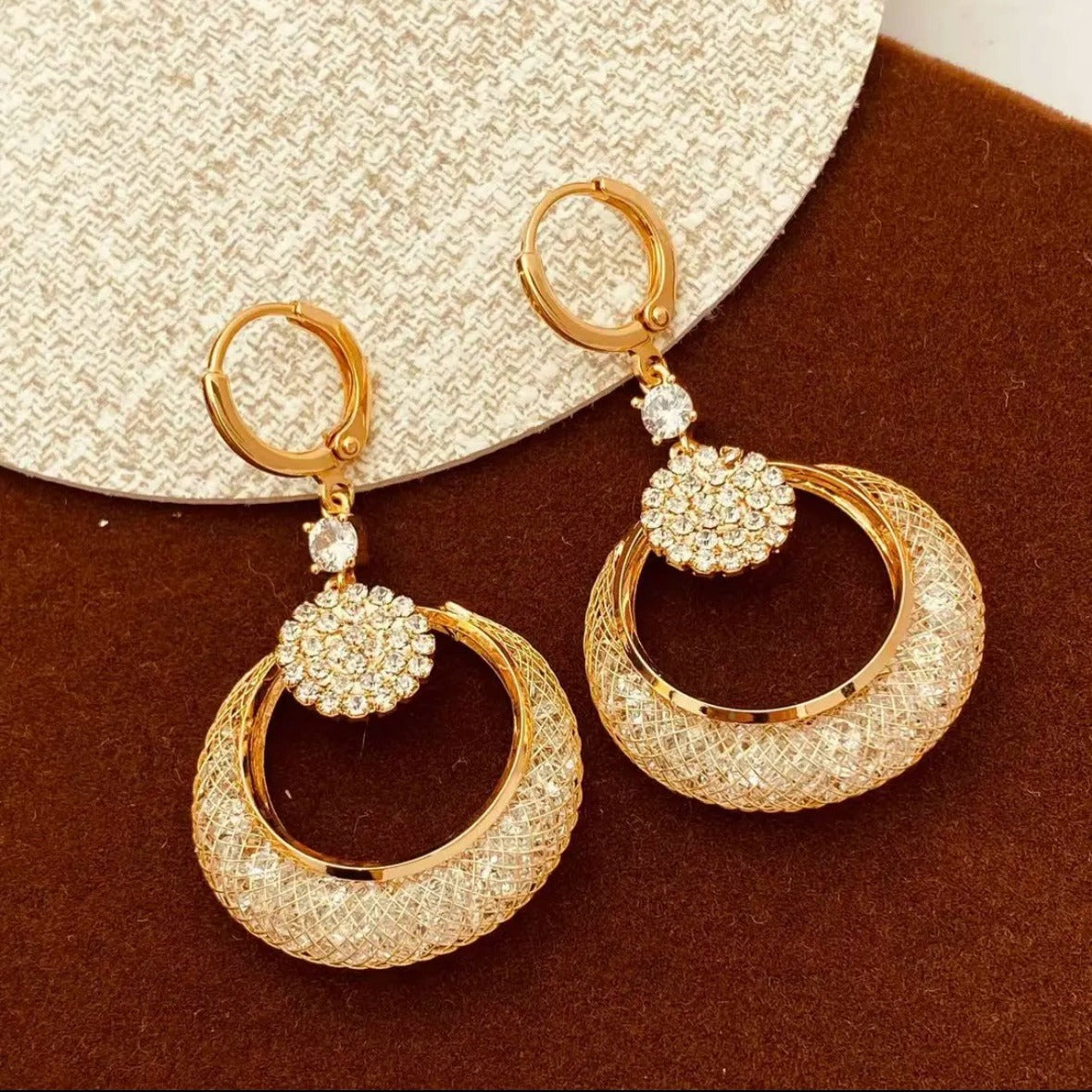 Mesh crystal hoop earrings(24k gold plated)