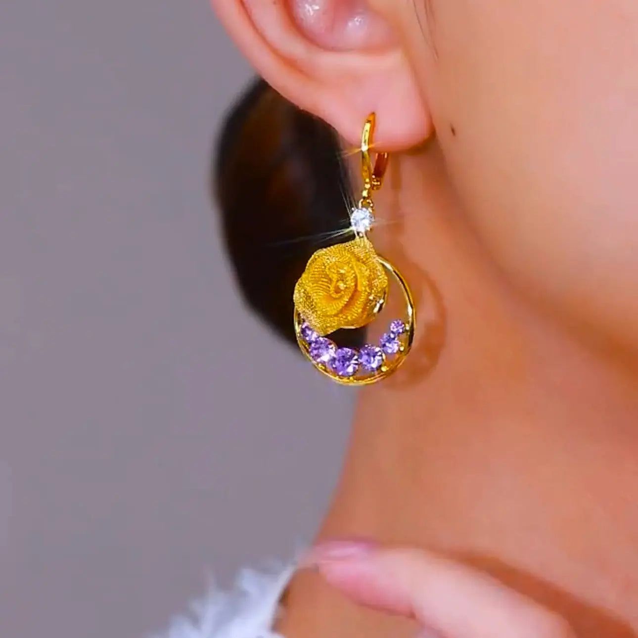 Purple zirconia flower earrings(24k gold plated)