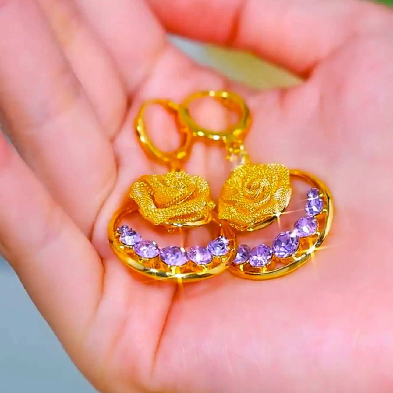 Purple zirconia flower earrings(24k gold plated)