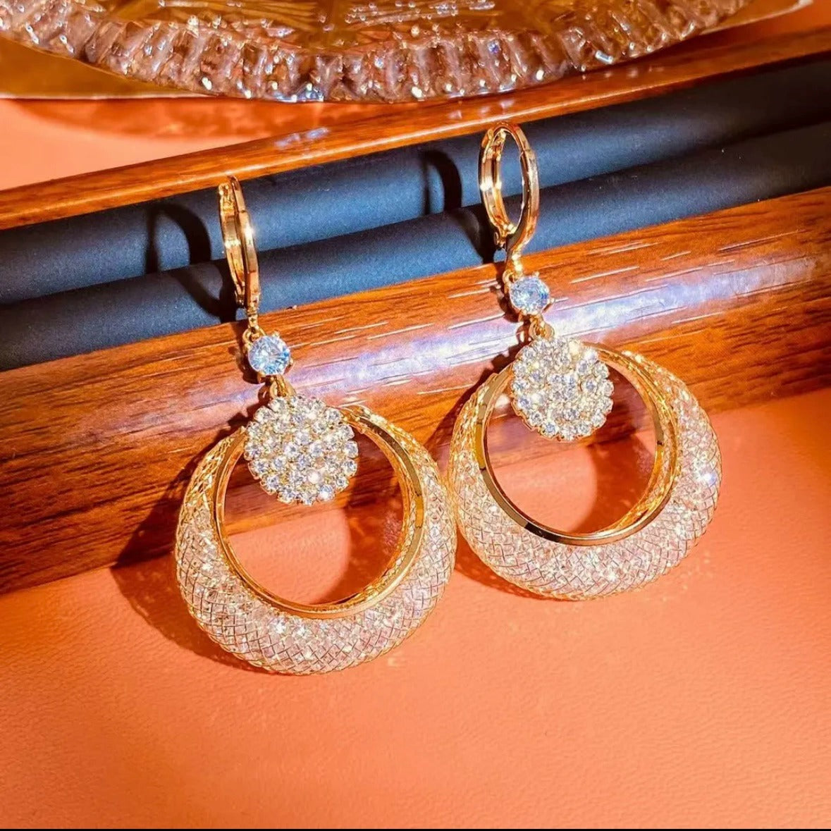 Mesh crystal hoop earrings(24k gold plated)