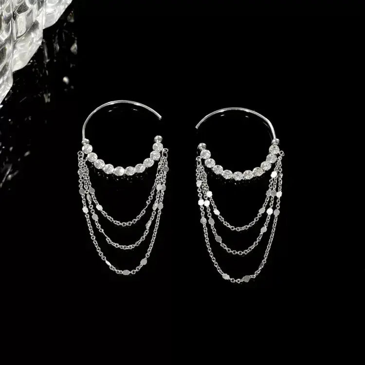 Micro zircon C-shaped long tassel earrings(s925 sterling silver)