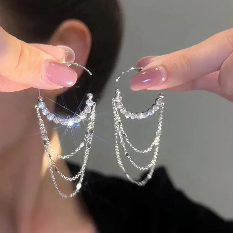 Micro zircon C-shaped long tassel earrings(s925 sterling silver)