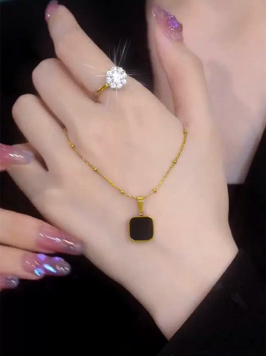 Black geometric square necklace(24k gold plated)